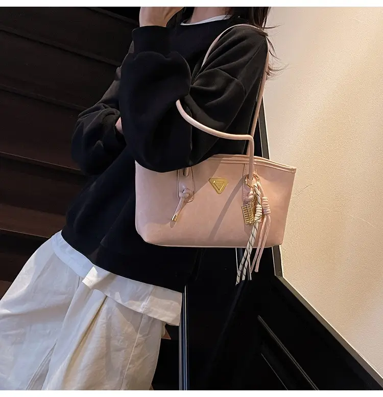 Women's Beige Gold Triangle Handbag with Strap — feature 28