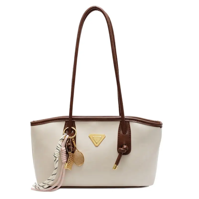 Women's Beige Gold Triangle Handbag with Strap