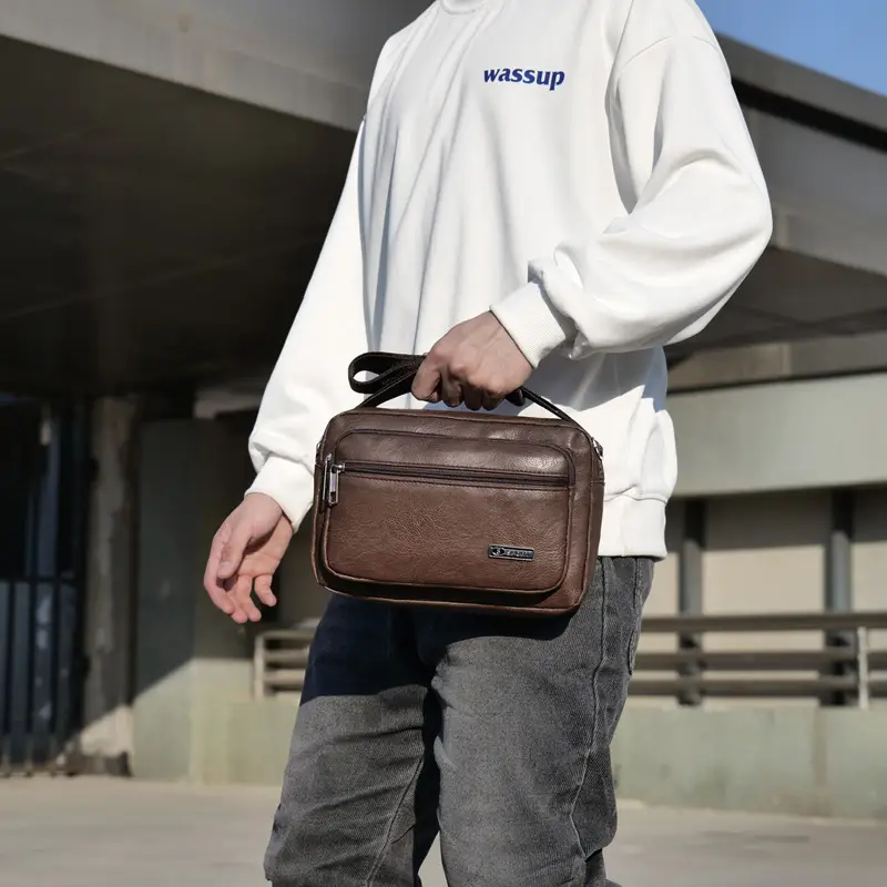 Men's 5-Layer PU Leather Shoulder Bag Black