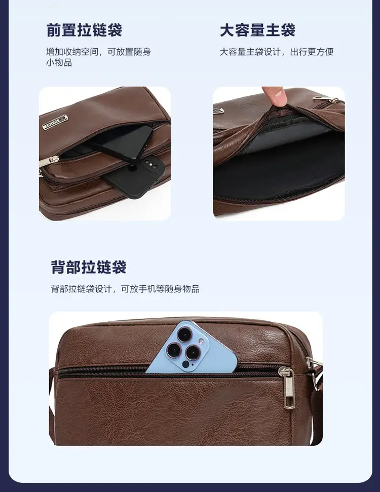 Men's 5-Layer PU Leather Shoulder Bag Black — feature 6