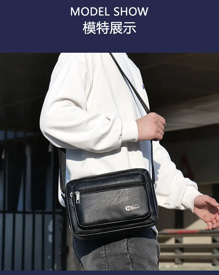 Men's 5-Layer PU Leather Shoulder Bag Black — feature 9