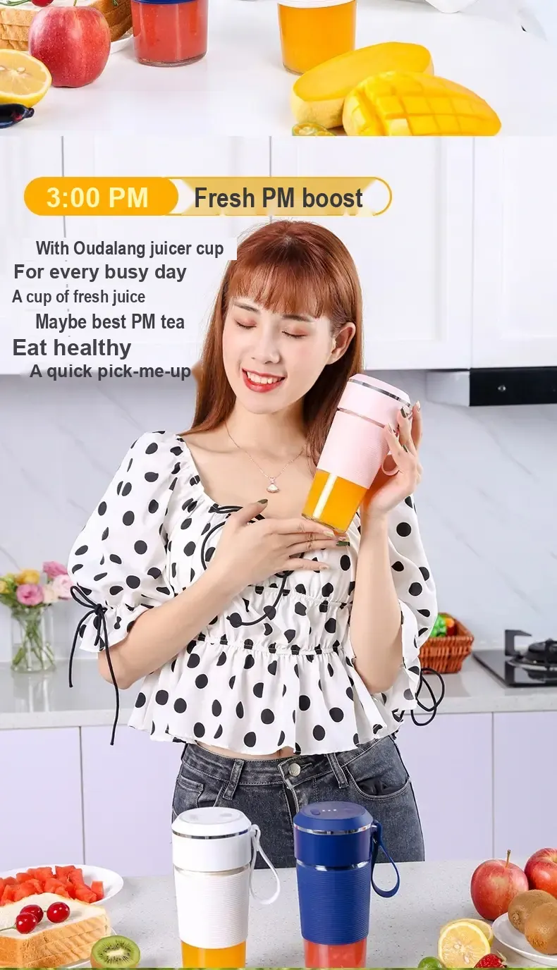 Adult woman holding a pink juicer cup in a kitchen.
