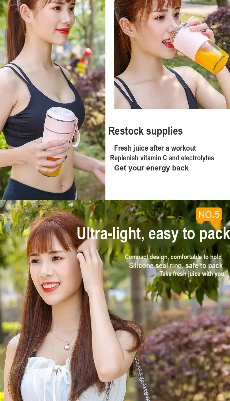 Woman holding and drinking from a pink juicer cup outdoors.