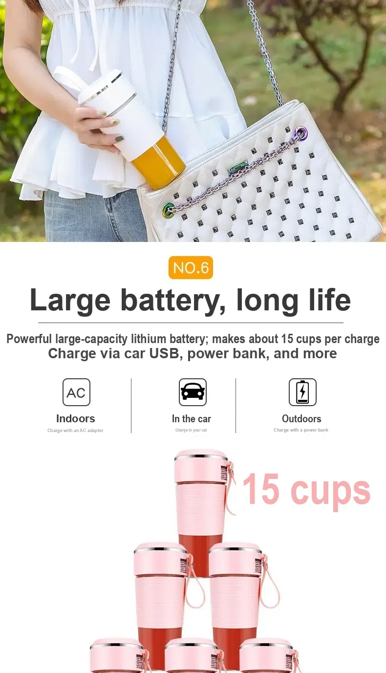 Chinese battery panel claims roughly 15 cups per charge and shows indoor, car, and portable charging.