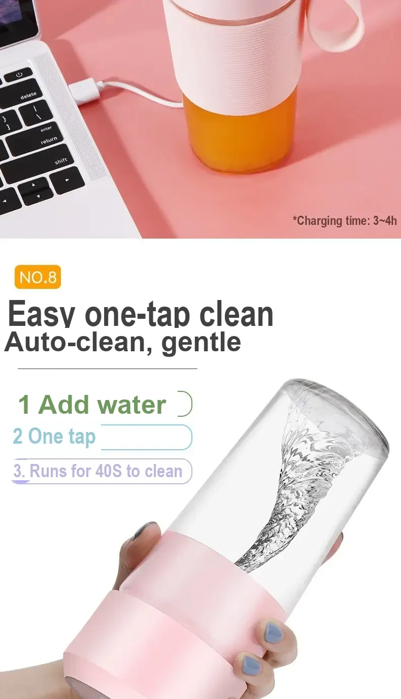 Juicer connected to a laptop for charging; the graphic states a 3–4 hour charging time.