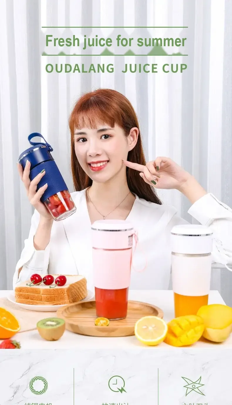 Adult woman holding a blue portable juicer beside pink and white versions.