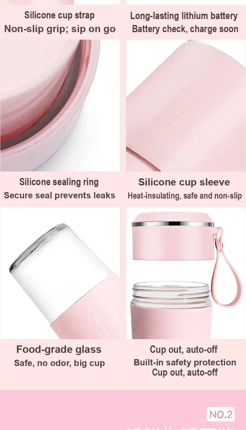 Pink juicer details showing silicone strap, seal ring, sleeve, and detachable glass cup.