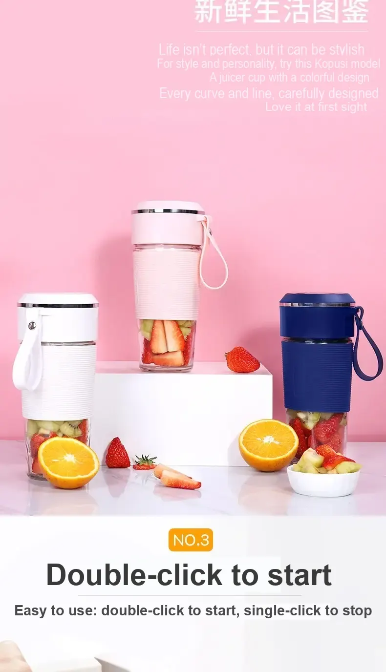 White, pink, and blue portable juicer cups displayed with fruit on a pink background.