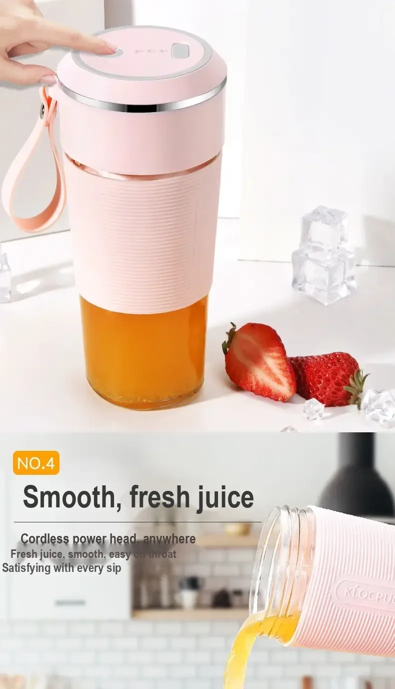 A hand presses the top control of a pink juicer cup beside fruit and ice.