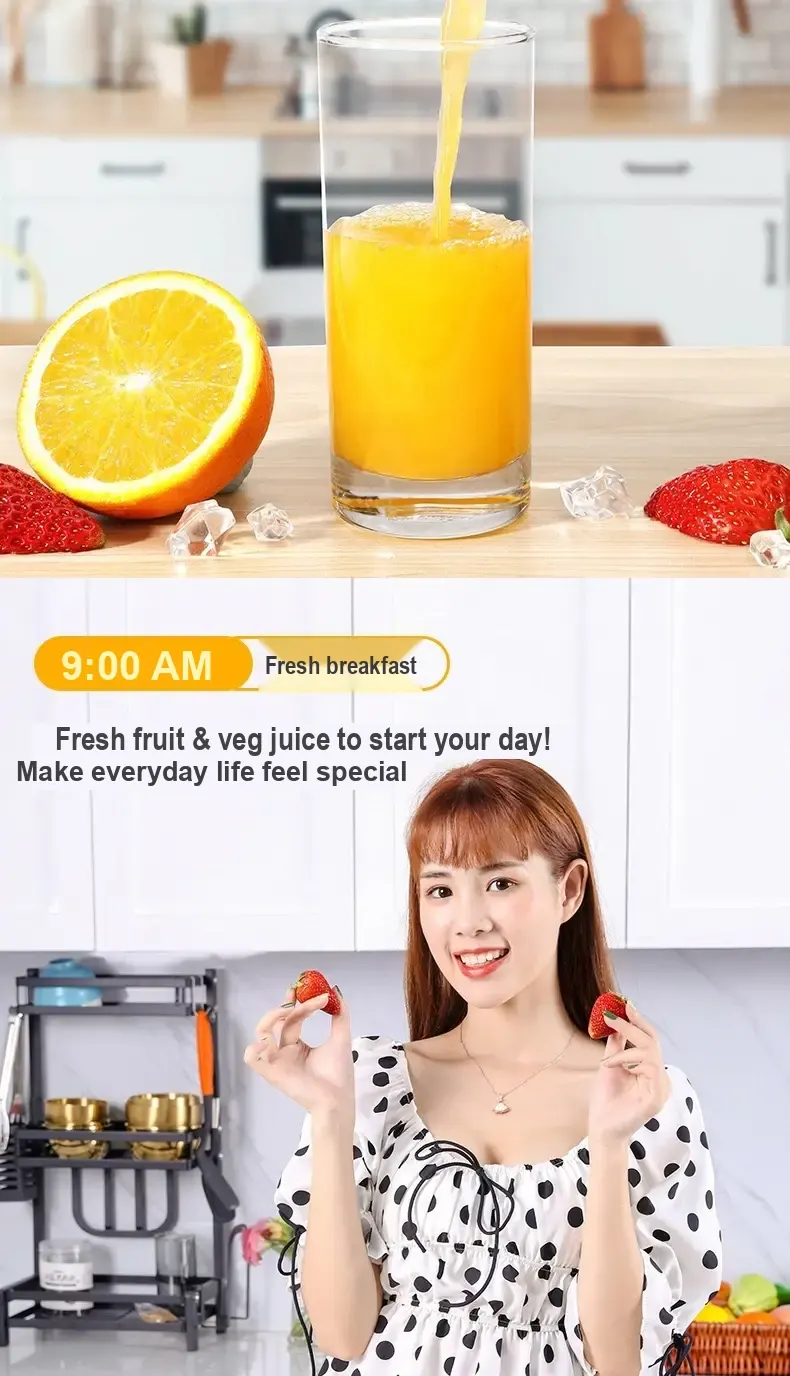 Orange juice poured into a glass above a Chinese lifestyle promotion.