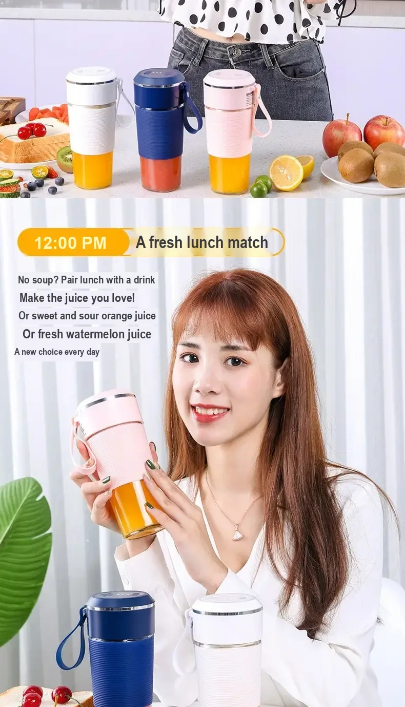 White, blue, and pink juicer cups displayed with fruit in front of an adult model.