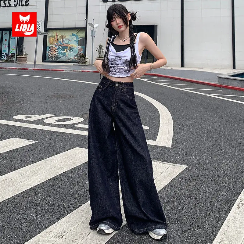 Women Wide-leg Denim Pants Dark Blue 2025