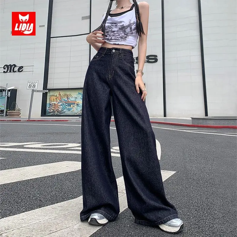 Women Wide-leg Denim Pants Dark Blue 2025