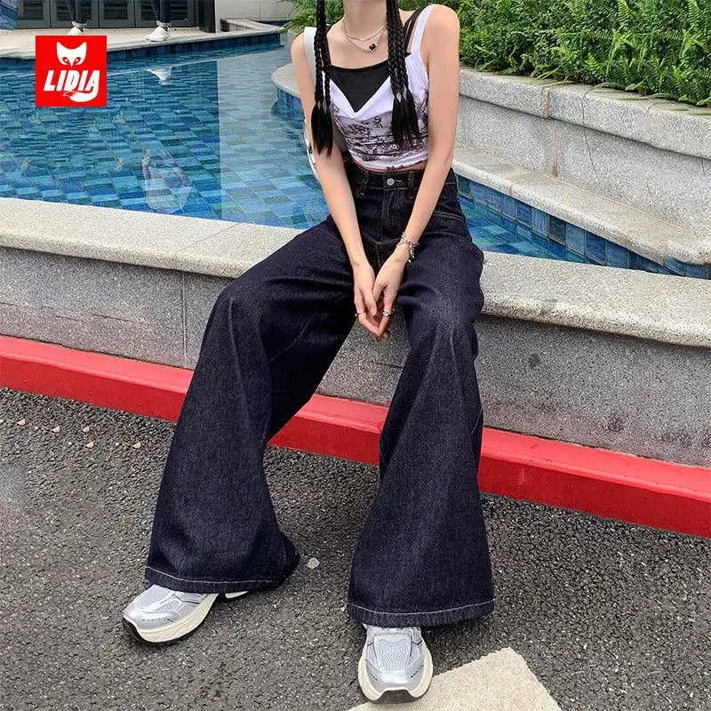Women Wide-leg Denim Pants Dark Blue 2025