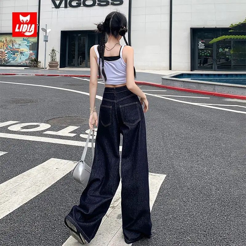 Women Wide-leg Denim Pants Dark Blue 2025