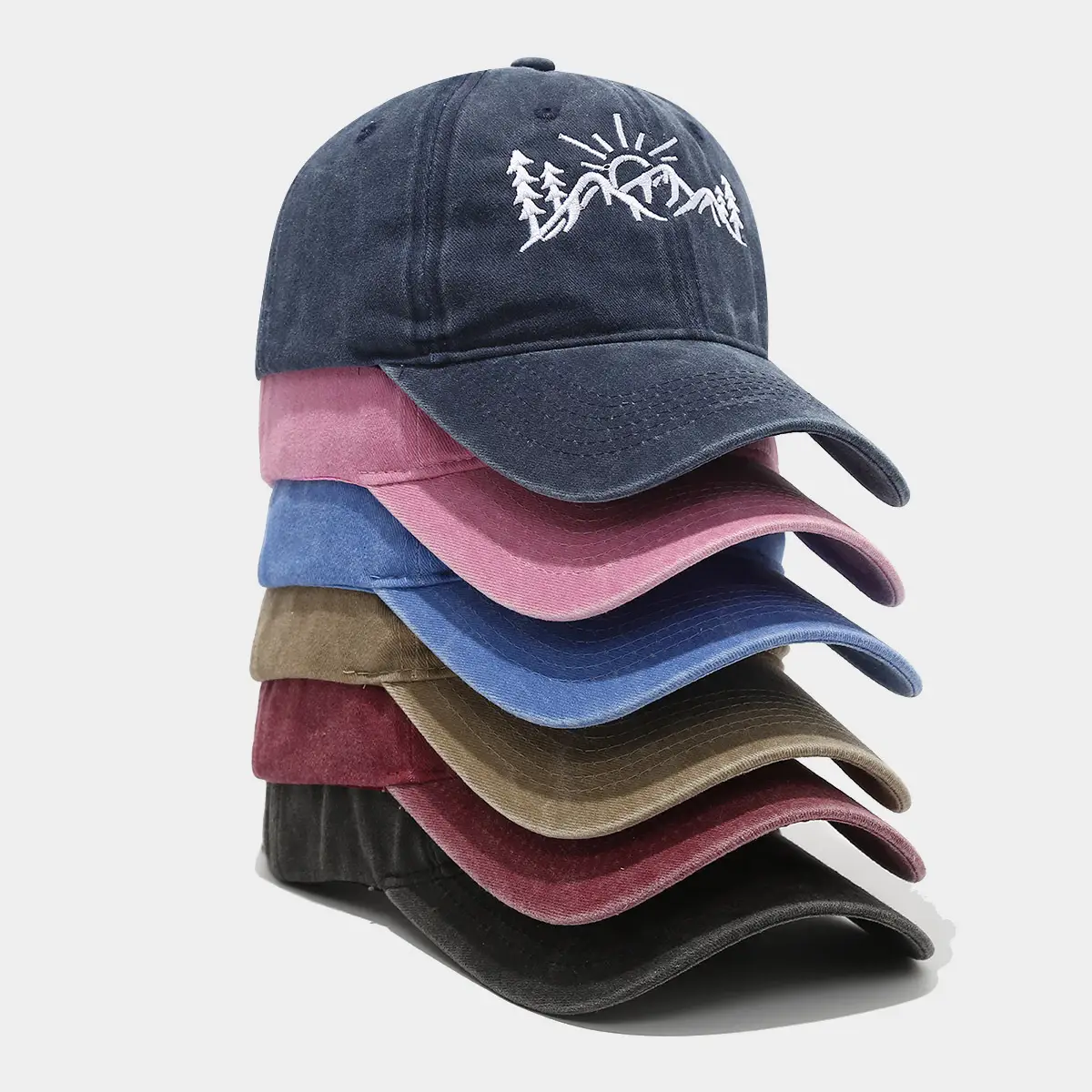 European American Mountain Shape Embroidered Baseball Cap Cotton Old Washed Cap Outdoor Casual Cap - Image 8