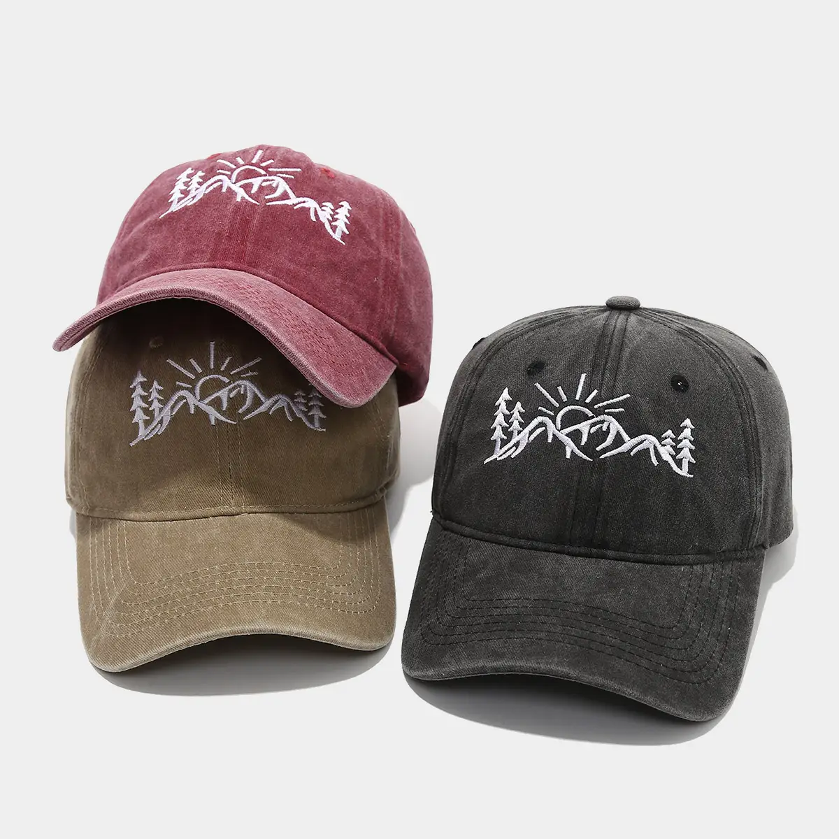 European American Mountain Shape Embroidered Baseball Cap Cotton Old Washed Cap Outdoor Casual Cap — feature 3