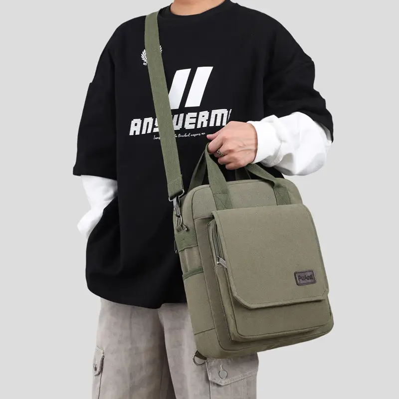 New Men's Canvas Crossbody Bag Tan Three Use - Image 7