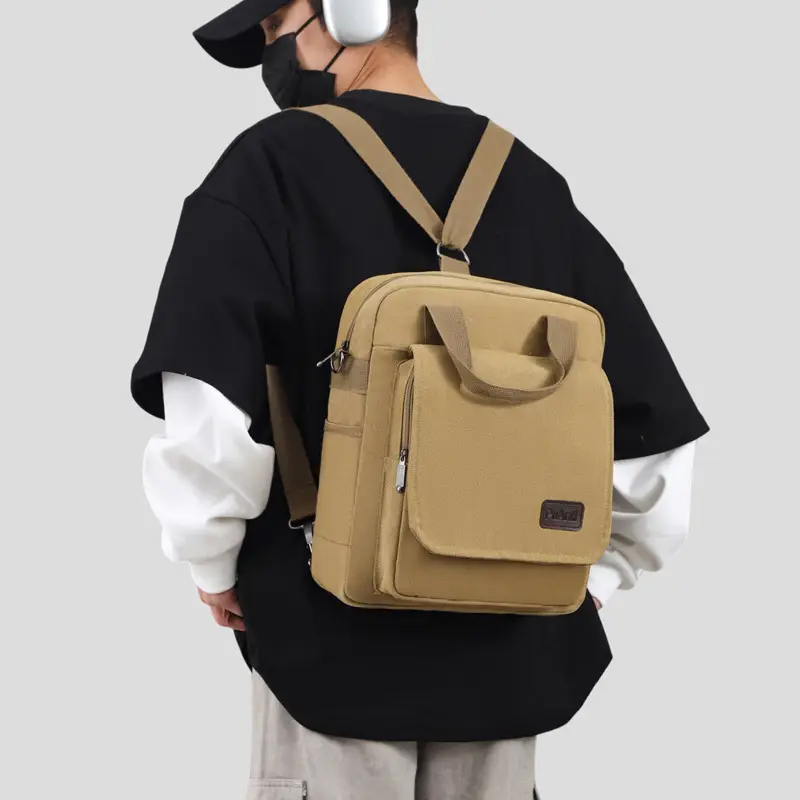 New Men's Canvas Crossbody Bag Tan Three Use - Image 8
