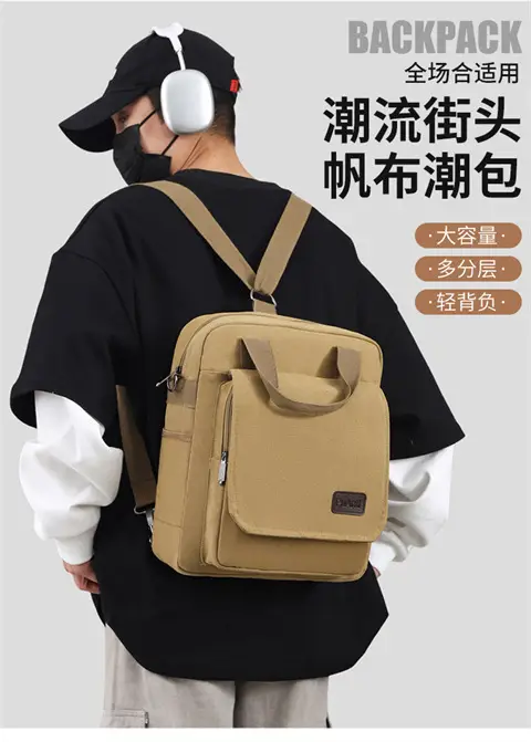 New Men's Canvas Crossbody Bag Tan Three Use — feature 2