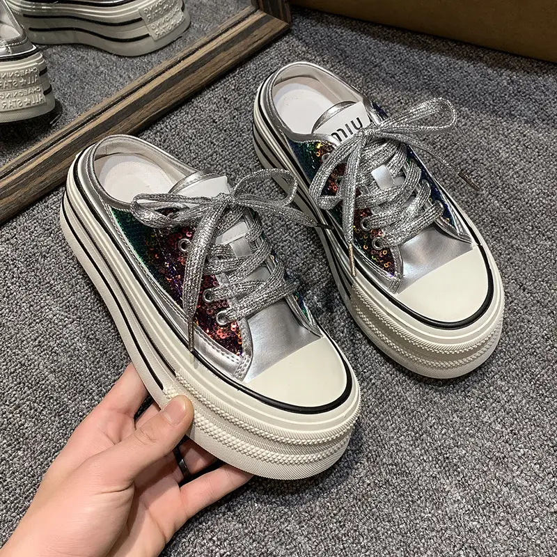 Women's Transparent Canvas Platform Sneakers White Thick Sole - Image 3