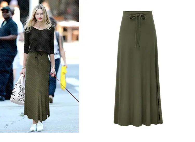 Women's Green Split Belt Skirt with Gray High Waist Drawstring Pants — feature 2