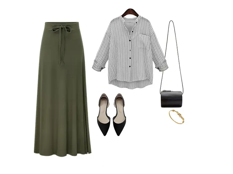 Women's Green Split Belt Skirt with Gray High Waist Drawstring Pants — feature 8