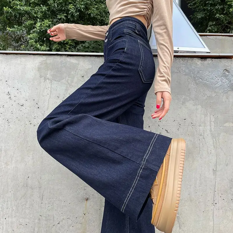 Korean Style Wide Leg Belly Tight Denim Pants Dark Blue 2025