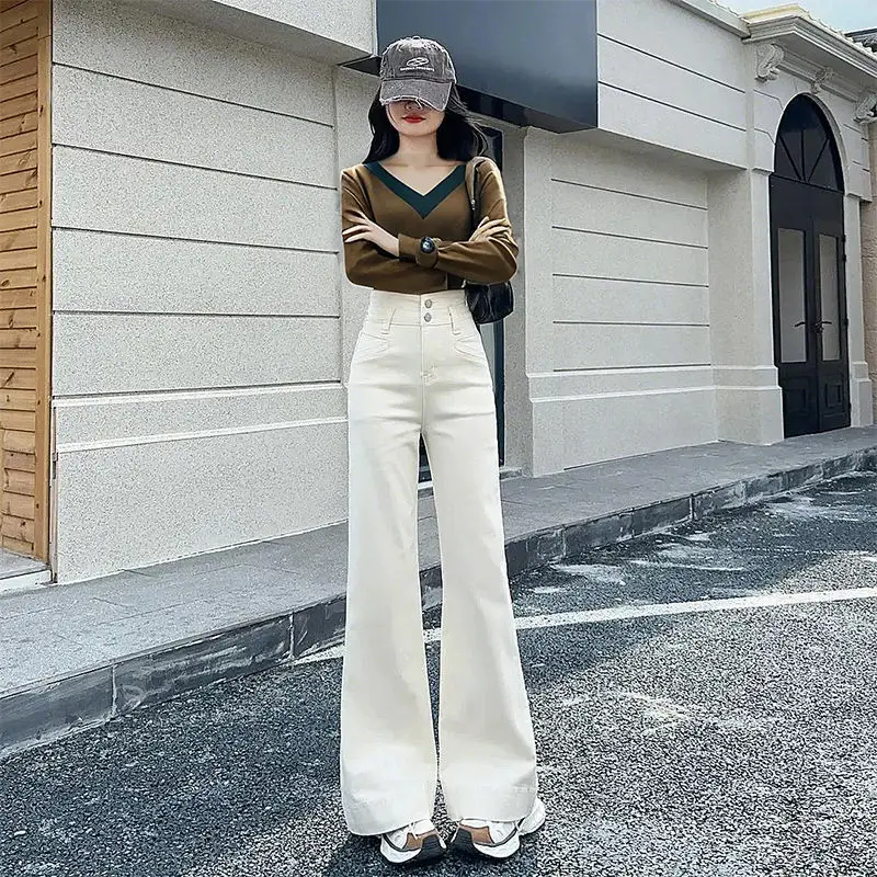 Korean Style Wide Leg Belly Tight Denim Pants Dark Blue 2025