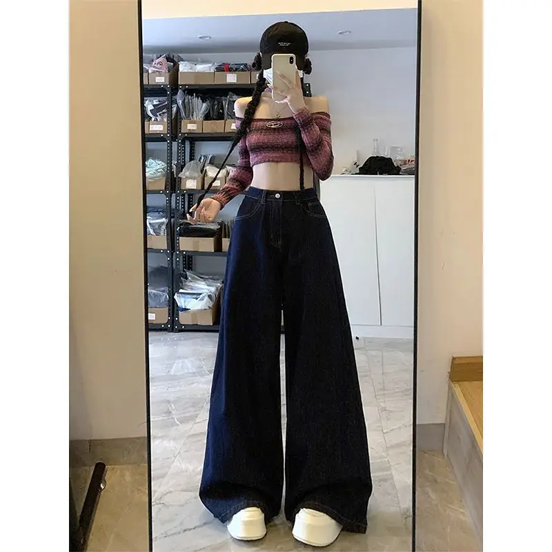 Dark Blue Wide Leg High Waist Pants for Women