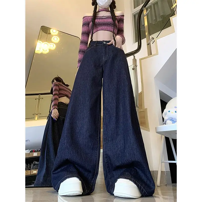 Dark Blue Wide Leg High Waist Pants for Women