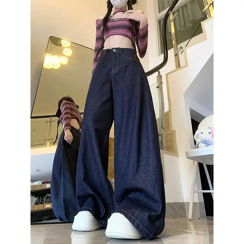 Dark Blue Wide Leg High Waist Pants for Women