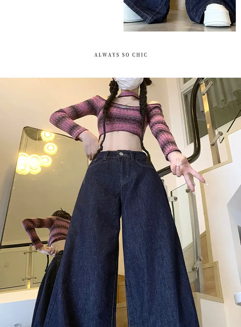 Dark Blue Wide Leg High Waist Pants for Women — feature 14