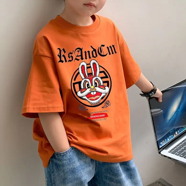 2025 Kids Cotton T-Shirt Orange Cartoon Print