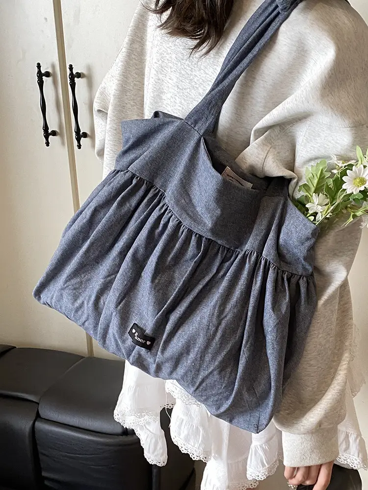 Grey Ruffled Shoulder Bag for Women Large Capacity - Image 6