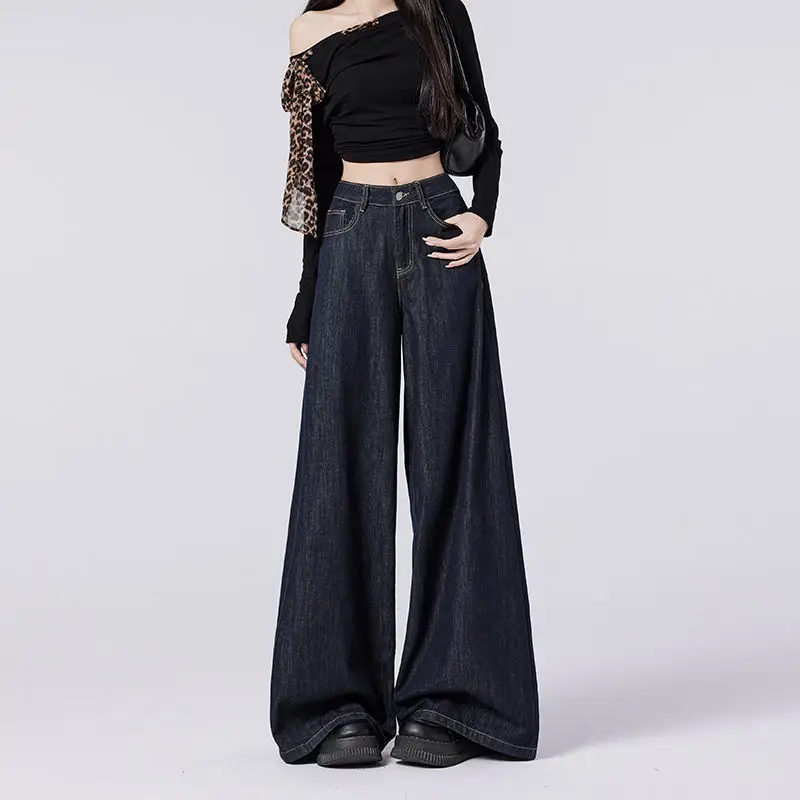 Women's Dark Blue Wide Leg Jeans with High Waist Design