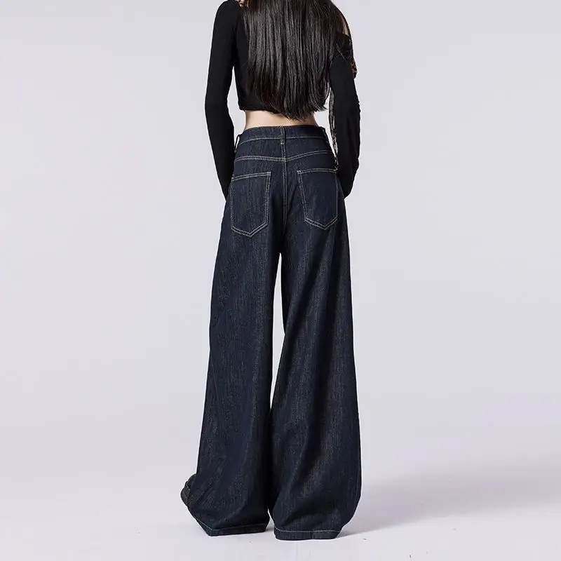 Women's Dark Blue Wide Leg Jeans with High Waist Design