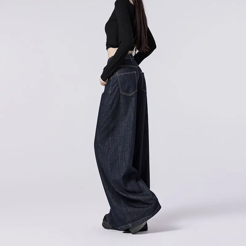 Women's Dark Blue Wide Leg Jeans with High Waist Design — feature 10