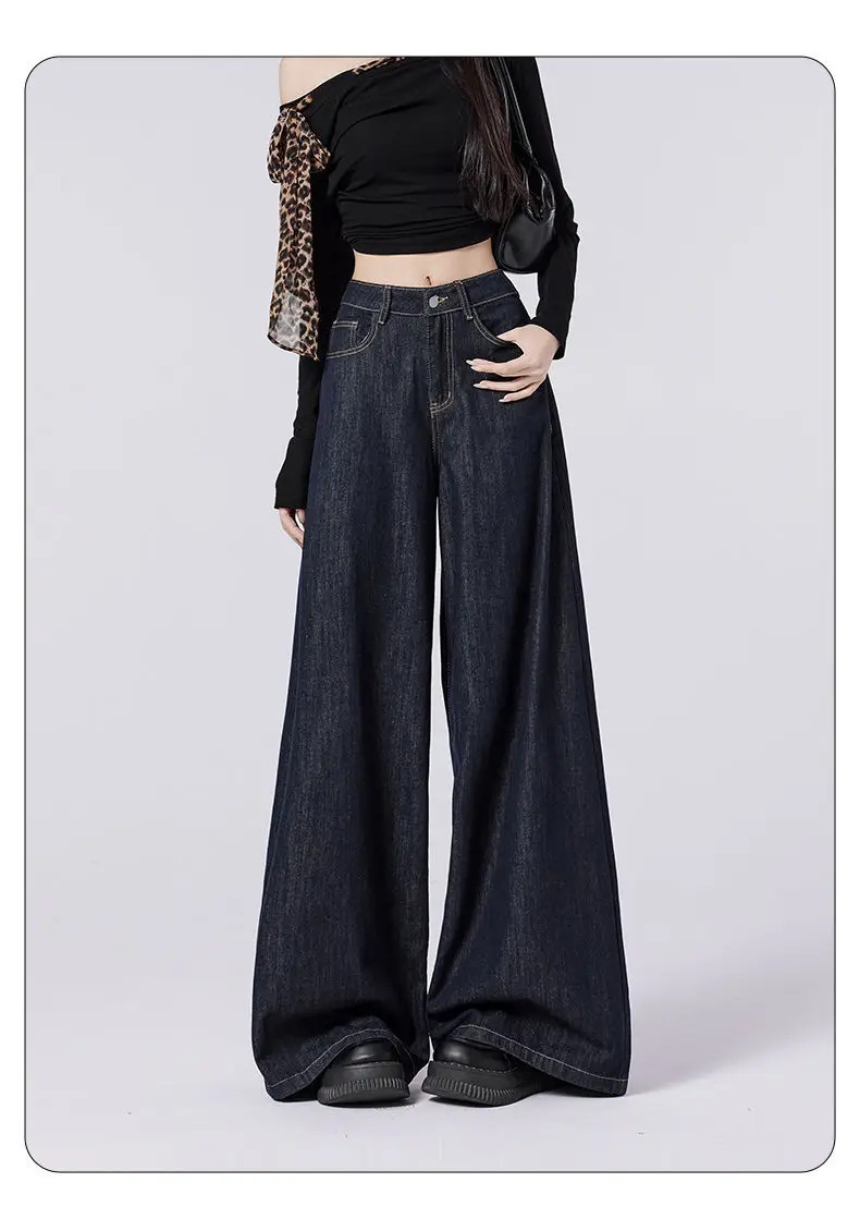 Women's Dark Blue Wide Leg Jeans with High Waist Design — feature 2