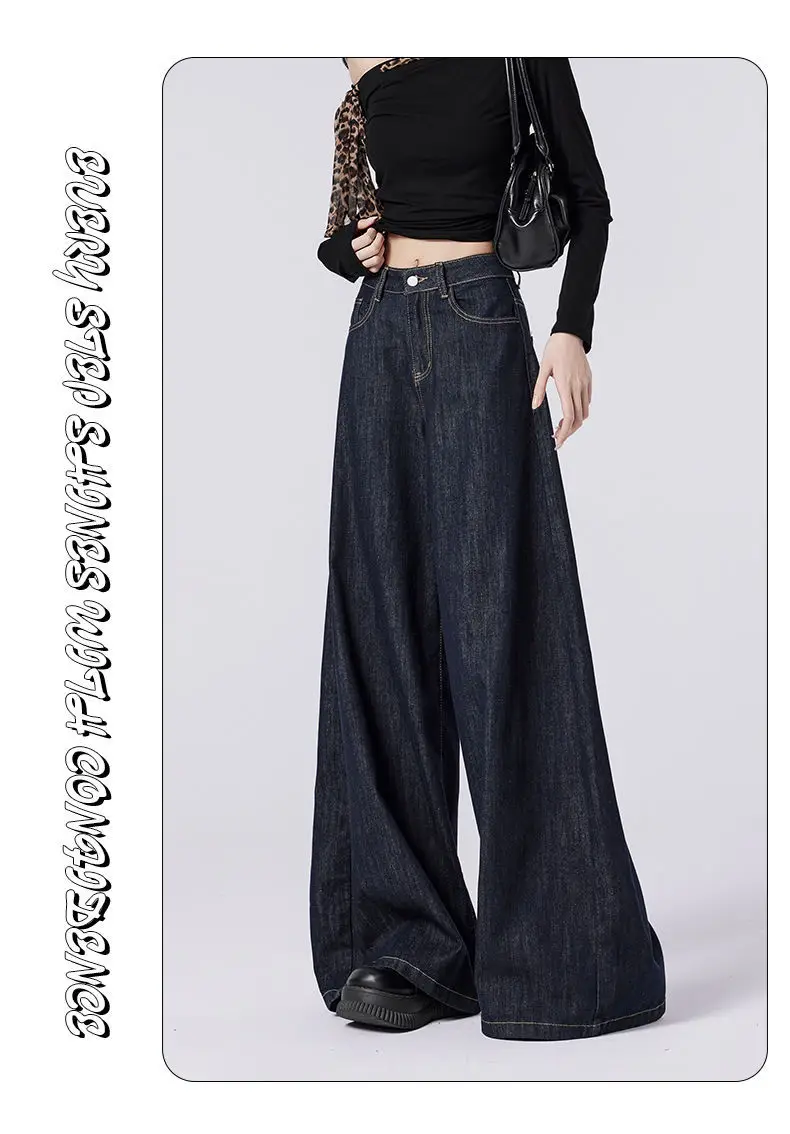 Women's Dark Blue Wide Leg Jeans with High Waist Design — feature 3
