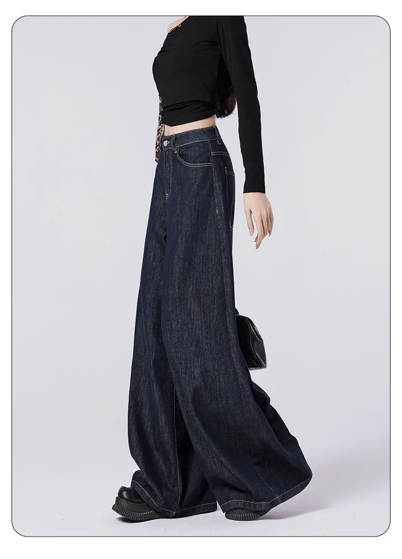 Women's Dark Blue Wide Leg Jeans with High Waist Design — feature 4