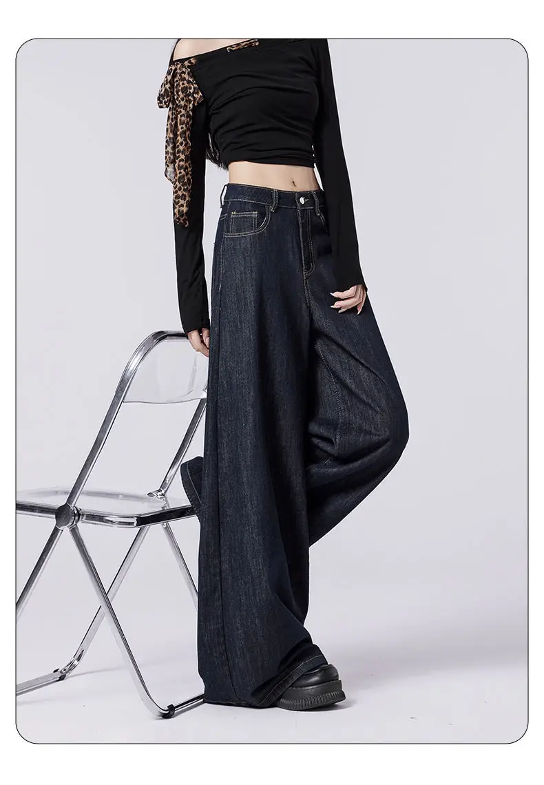 Women's Dark Blue Wide Leg Jeans with High Waist Design — feature 5