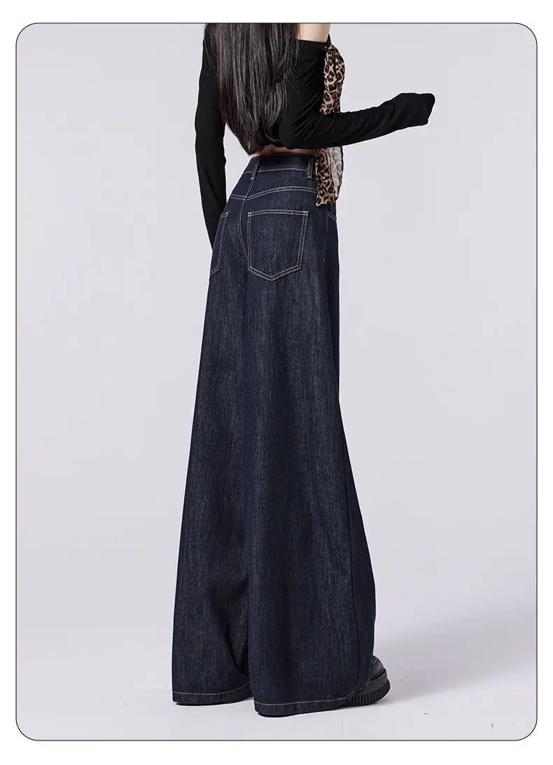 Women's Dark Blue Wide Leg Jeans with High Waist Design — feature 6