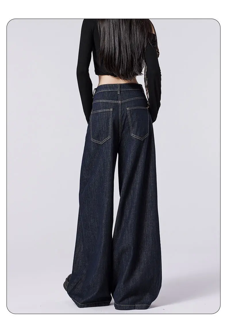 Women's Dark Blue Wide Leg Jeans with High Waist Design — feature 7