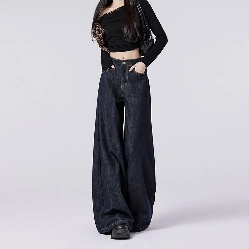 Women's Dark Blue Wide Leg Jeans with High Waist Design — feature 9