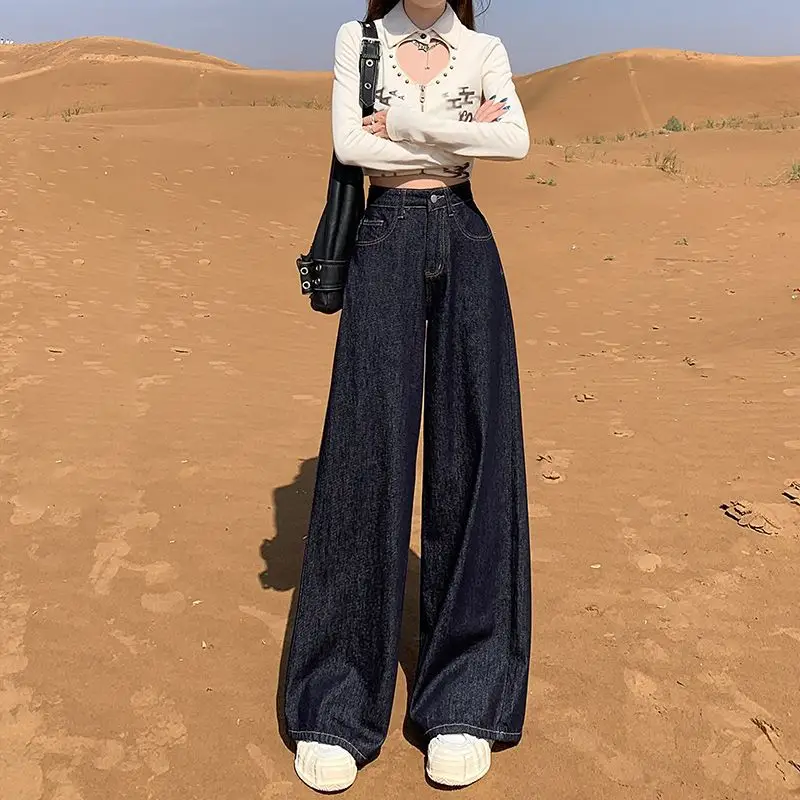 Wide Leg Dark Blue Denim Pants 2025 Korean Style
