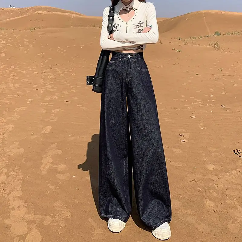 Wide Leg Dark Blue Denim Pants 2025 Korean Style