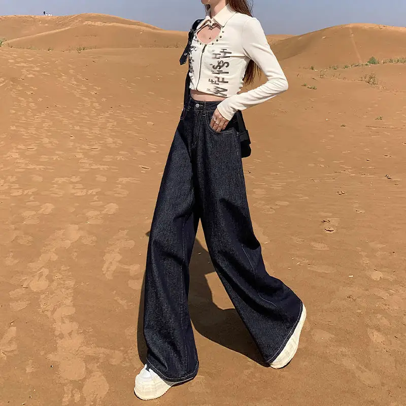 Wide Leg Dark Blue Denim Pants 2025 Korean Style
