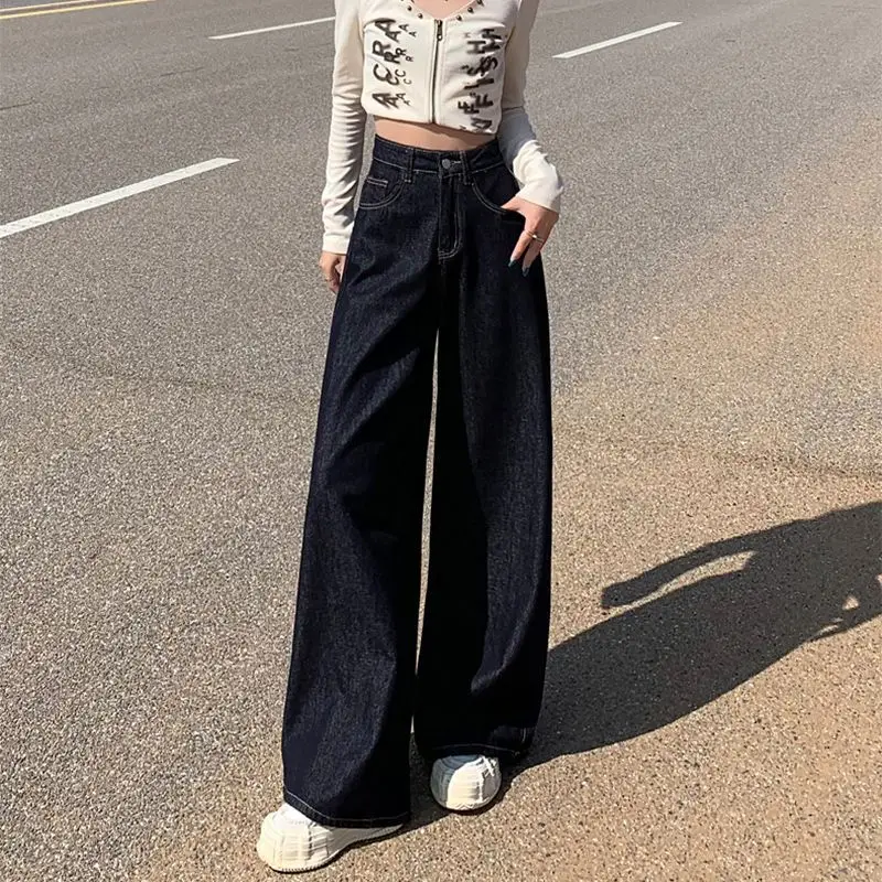 Wide Leg Dark Blue Denim Pants 2025 Korean Style