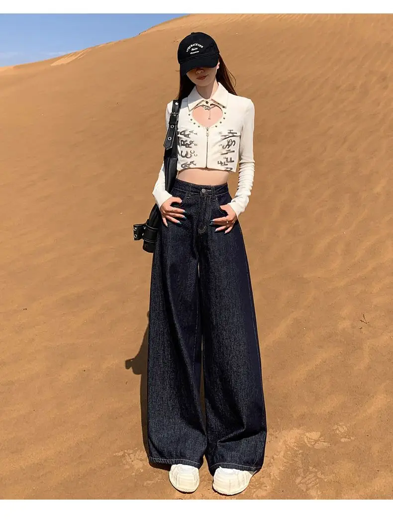 Wide Leg Dark Blue Denim Pants 2025 Korean Style — feature 10